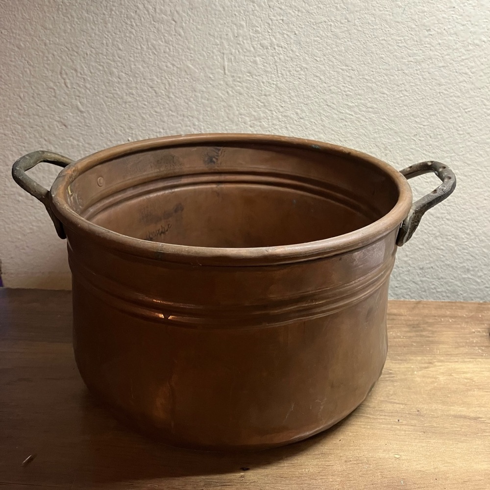 Vintage Copper and Brass Double Handled Pot, Hand Brazed Pot with Brass Handles